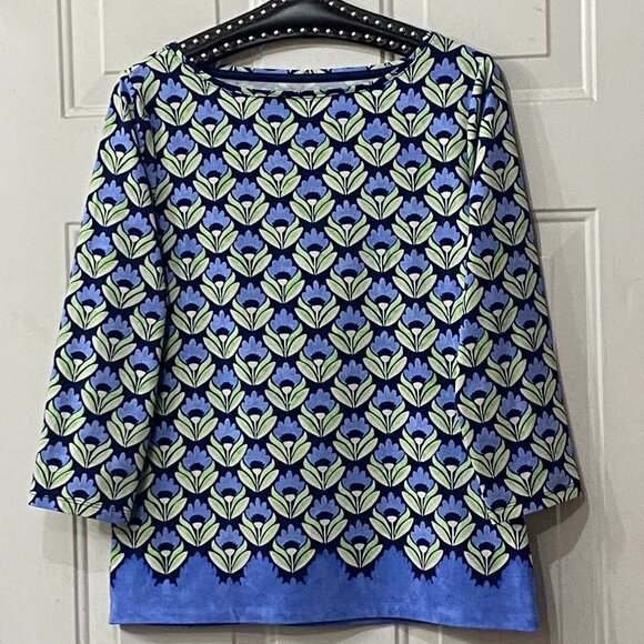 New The Talbots Tee Talbots Womens Sz M Knit Top 3/4 Sleeve Blue Floral - Picture 1 of 8